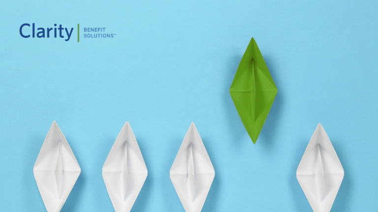 Clarity Benefit Solutions logo. Green and white paper boats sailing smoothly in a blue background